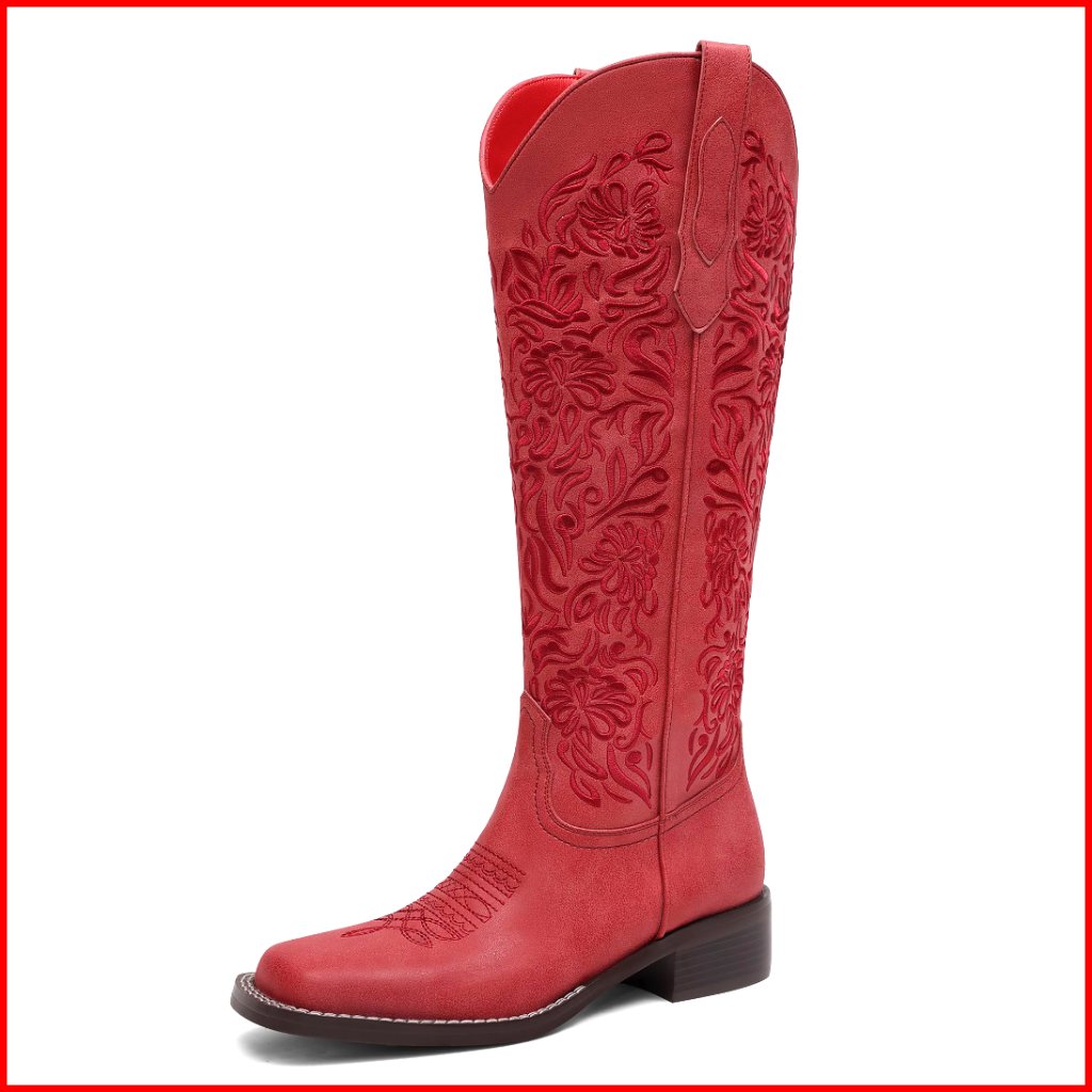 Knee High Cowboy Boots Embroidered Western Square Toe Low Heel Pull On